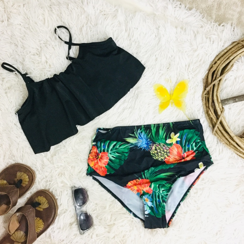 Tropical Pineapple Ruffle High Waist Bikini
